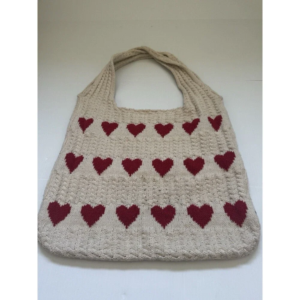 Heart Pattern Knit Tote Bag Cream Red Hearts Shoulder Bag  Casual